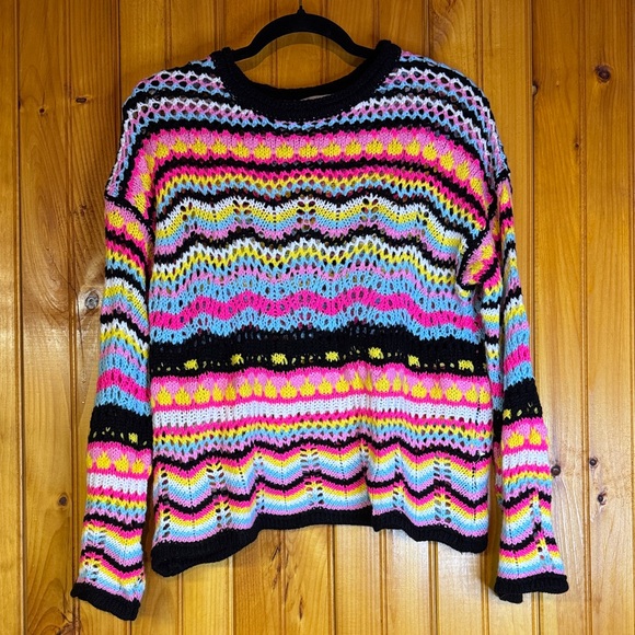 Miss Sparkling Sweaters - Miss Sparkling Colorful Striped Crocheted Women's Crew Neck Sweater